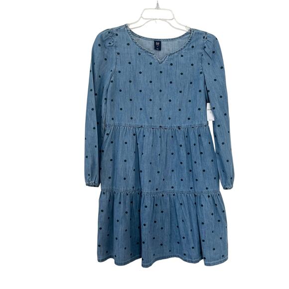 Gap Girls Blue Polka Dot Tiered Long Sleeve Denim Dress Size XL/12 NWT - Picture 1 of 7